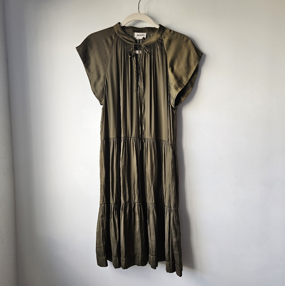 Zadug & Voltaire Rito Tiered Satin Olive Green Flutter Sleeve Dress - Picture 7 of 15